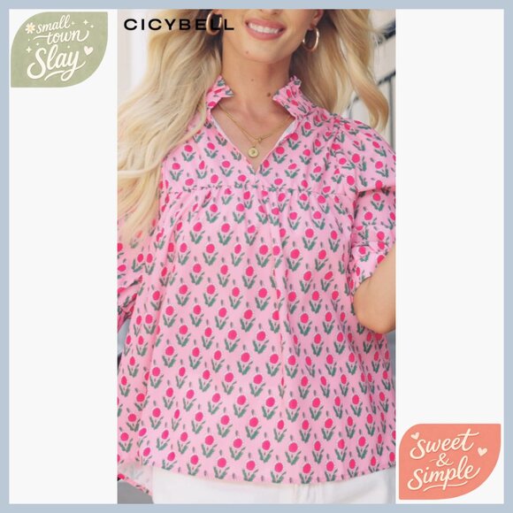 Floral Babydoll Blouse Puff Sleeve Peplum V Neck Loose Fit Boho Top - Picture 5 of 5